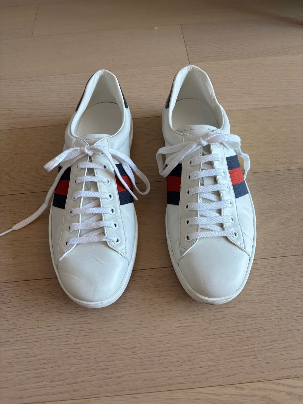 White Leather Lace-Up Sneakers with Red & Navy Stripe